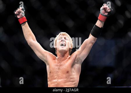 LONDON, GROSSBRITANNIEN. 23. Juli 2022. Paddy Pimblett gegen Jordan Leavitt – UFC Leichtgewicht während der Under Main Card UFC präsentiert Blaydes gegen Aspinall - UFC Schwergewicht in der O2 Arena am Samstag, 23. Juli 2022 in LONDON, GROSSBRITANNIEN. Kredit: Taka G Wu/Alamy Live News nur redaktionelle Verwendung, Lizenz erforderlich für kommerzielle Nutzung. Keine Verwendung bei Wetten, Spielen oder Veröffentlichungen einzelner Clubs/Vereine/Spieler. Stockfoto