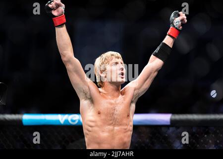 LONDON, GROSSBRITANNIEN. 23. Juli 2022. Paddy Pimblett gegen Jordan Leavitt – UFC Leichtgewicht während der Under Main Card UFC präsentiert Blaydes gegen Aspinall - UFC Schwergewicht in der O2 Arena am Samstag, 23. Juli 2022 in LONDON, GROSSBRITANNIEN. Kredit: Taka G Wu/Alamy Live News nur redaktionelle Verwendung, Lizenz erforderlich für kommerzielle Nutzung. Keine Verwendung bei Wetten, Spielen oder Veröffentlichungen einzelner Clubs/Vereine/Spieler. Stockfoto