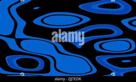 3D Rendern. Muster auf schwarzem Hintergrund mit blauen unregelmäßigen geschwungenen Formen. Textur der blauen Acrylfarbe, die sich mit schwarzer Farbe vermischt. Flüssige Formen auf schwarzem Hintergrund. Simulation der Flüssigkeitsmischung. Stockfoto