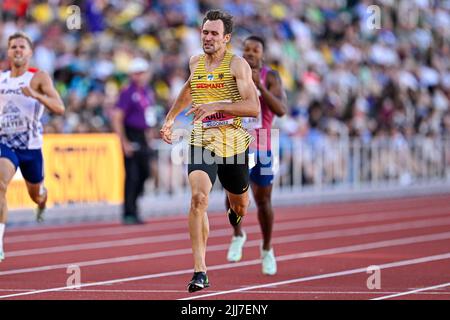 EUGENE, USA - 23. JULI: Niklas Kaul aus Deutschland tritt bei den Leichtathletik-Weltmeisterschaften am 23. Juli 2022 in Eugene, USA, auf der 400m der Männer an (Foto: Andy Astfalck/BSR Agency) Atletiekunie Stockfoto