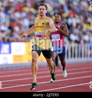 EUGENE, USA - 23. JULI: Niklas Kaul aus Deutschland tritt bei den Leichtathletik-Weltmeisterschaften am 23. Juli 2022 in Eugene, USA, auf der 400m der Männer an (Foto: Andy Astfalck/BSR Agency) Atletiekunie Stockfoto