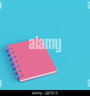 Pinker Notizblock auf hellblauem Hintergrund in Pastellfarben. Minimalismus-Konzept. 3D Rendern Stockfoto