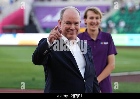 Prinz Albert von Monaco reagiert am 9. Tag der Leichtathletik-Weltmeisterschaften im Hayward Field, University of Oregon in den Vereinigten Staaten von Amerika. Bilddatum: Samstag, 23. Juli 2022. Stockfoto