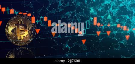 Bitcoin-Aktienwachstum. Das Diagramm zeigt einen starken Anstieg des Bitcoin-Preises. Investitionen in virtuelle Ressourcen. Anlageplattform mit Charts und Bitcoin Stockfoto