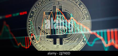 Bitcoin-Aktienwachstum. Das Diagramm zeigt einen starken Anstieg des Bitcoin-Preises. Investitionen in virtuelle Ressourcen. Anlageplattform mit Charts und Bitcoin Stockfoto