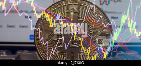 Bitcoin-Aktienwachstum. Das Diagramm zeigt einen starken Anstieg des Bitcoin-Preises. Investitionen in virtuelle Ressourcen. Anlageplattform mit Charts und Bitcoin Stockfoto