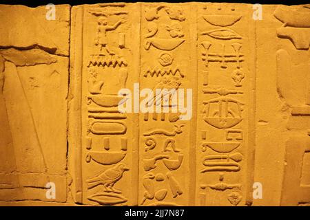 Hieroglyphen und pharaonische Symbole, die an den Wänden des Kom Ombo-Tempels in Assuan, Ägypten, geschnitzt wurden Stockfoto