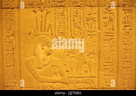 Hieroglyphen und pharaonische Symbole, die an den Wänden des Kom Ombo-Tempels in Assuan, Ägypten, geschnitzt wurden Stockfoto