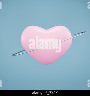 Rosa Herz auf hellblauem Hintergrund, 3D Render Stockfoto