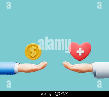 3D Cartoon Hand Geld für die Gesundheit bezahlen. Zahlungskonzept. 3D illustration.jpg Stockfoto