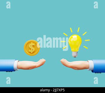 3D Cartoon Hand Geld für Glühbirne bezahlen. Gute Idee und Business susccess kreatives Konzept. 3D illustration.jpg Stockfoto