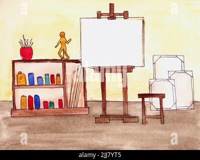 Kreativwerkstatt, Kunstraum mit Zubehör für Zeichnung, Malerei und Staffelei. Lustige Aquarell-Illustration Stockfoto