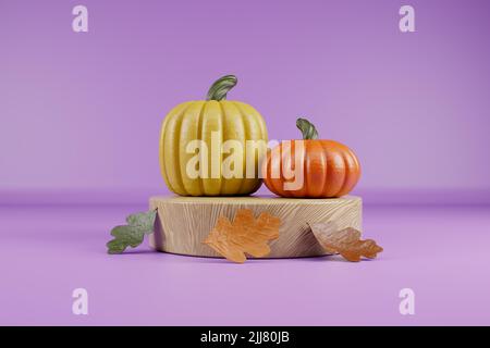 Happy Thauhksgiving Tag gelbe und orange Kürbisse mit Eichenblättern auf Holzpodium 3D Rendern. Stockfoto