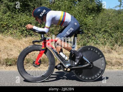 Daniel Martinez von Ineos - Grenadiere während der Tour de France 2022, Radrennen Etappe 20, Zeitfahren, Lacapelle-Marival - Rocamadour (40,7 km) am 23. Juli 2022 in Rocamadour, Frankreich - Foto: Laurent Lairys/DPPI/LiveMedia Stockfoto