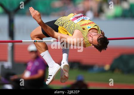 Hayward Field, Eugene, Oregon, USA. 23.. Juli 2022. Niklas Kaul (GER), 23. JULI 2022 - Leichtathletik : IAAF World Championships Oregon 2022 Men's Decathlon High Jump im Hayward Field, Eugene, Oregon, USA. Quelle: Yohei Osada/AFLO SPORT/Alamy Live News Stockfoto