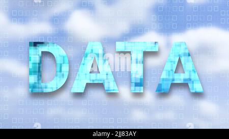 Datenwort isoliert am unscharfen Himmel. Konzept für Internet, Big Data und Technologie. Stockfoto