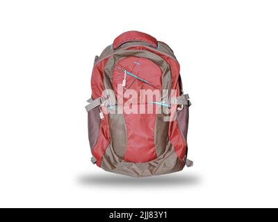 Rote Schultasche isoliert auf weißem Hintergrund mit Schatten. Stockfoto