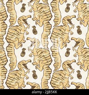 Braunes, handgezeichnetes Spinosaurus-Dinosaurier-Nahtloses Muster. Gender Neutral Jurassic fossile Silhouette für Baby-Nursery. Home Dekor für Museum, Aussterben Stockfoto