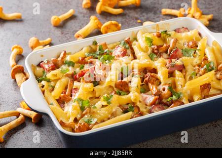 Pfifferlinge Pasta Auflauf mit Speck und Käse heiß aus dem Ofen auf dem Tisch serviert. Horizontal Stockfoto