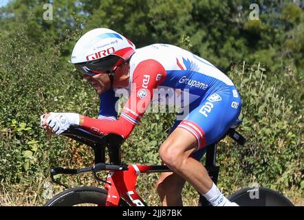 Thibault Pinot of Groupama - FDJ während der Tour de France 2022, Radrennen Etappe 20, Zeitfahren, Lacapelle-Marival - Rocamadour (40,7 km) am 23. Juli 2022 in Rocamadour, Frankreich. Foto von Laurent Lairys / ABACAPRESS.COM Stockfoto