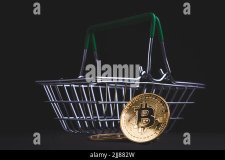 Lebensmittel mit Kryptowährung kaufen. Bitcoin und Lebensmittelkarren. Zahlung im Geschäft mit einer anderen Währung. Stockfoto