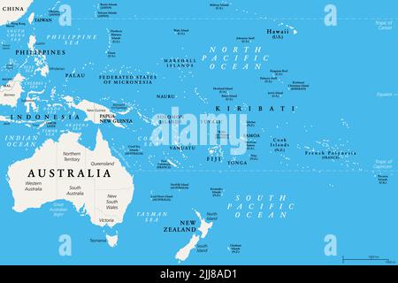 Ozeanien, politische Landkarte. Australien und dem Pazifik, einschließlich Neuseeland. Geografische Region, südöstlich der asiatisch-pazifischen Region. Stockfoto