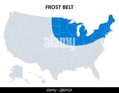 Frost Belt of the United States, politische Landkarte. Region im Nordosten, einschließlich der Region der Großen Seen und eines Teils des Mittleren Westens. Stockfoto