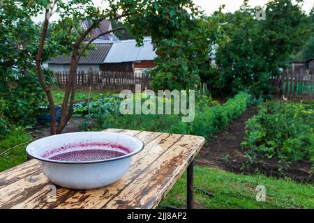 Eine Erdbeermarmelade machen. Erdbeeren in der Pfanne kochen. Texturfrucht, Erdbeergelee. Tun Sie es selbst verarbeiten, hausgemachte Speisen. Stockfoto