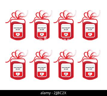 Acht Blutspendebeutel mit Tube in Form einer Geschenkschleife und dem Slogan: Give the Gift of Live. Vier Hauptblutgruppen von A, B, ab und O mit RH-Negat Stockfoto