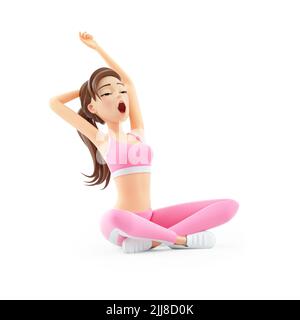 3D sportliche Frau Morgenstretch, Illustration isoliert auf weißem Hintergrund Stockfoto