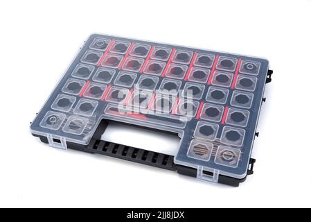 Verschraubte Organizer Box auf weißem Hintergrund Stockfoto