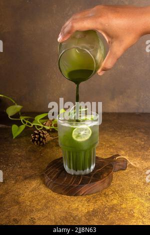 Frisch aus Eis im Glas mit Zitronenscheibe und Rosmarin zubereiteter Gemüsesaft, auf rustikalem Holztablett und authentischem Hintergrund mit Minipflanzen in CO Stockfoto