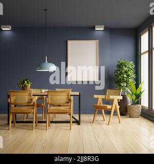 Mockup-Rahmen in modernem Esszimmer-Interieur-Design mit dunkelblauer leerer Wand.3D Rendering Stockfoto