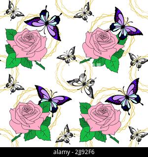 Nahtloses Muster aus roten Rosen und Schmetterlingen auf weißem Hintergrund, Textur, sich wiederholendes Muster, Design
