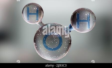 Wassermolekül, Molekulare chemische Formel H2O, geruchlos, Ball and Stick Chemical Structure Model, Macro Liquid Bubbles, 3D Render Stockfoto