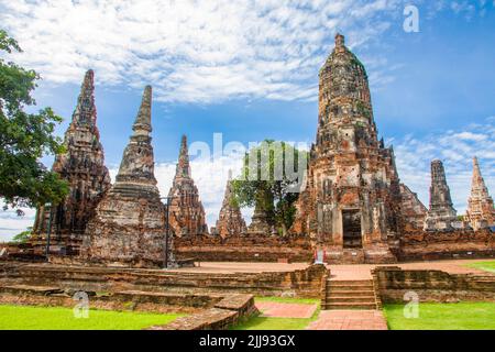 Das zentrale Prang im Wat Chaiwatthanaram. Ein buddhistischer Tempel in der Stadt Ayutthaya Thailand, am Westufer des Chao Phraya Flusses. Stockfoto