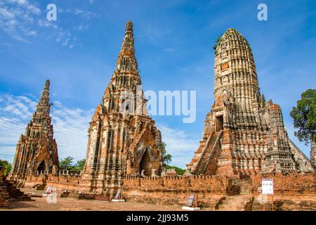 Das zentrale Prang im Wat Chaiwatthanaram. Ein buddhistischer Tempel in der Stadt Ayutthaya Thailand, am Westufer des Chao Phraya Flusses. Stockfoto