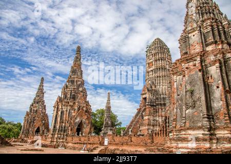 Das zentrale Prang im Wat Chaiwatthanaram. Ein buddhistischer Tempel in der Stadt Ayutthaya Thailand, am Westufer des Chao Phraya Flusses. Stockfoto