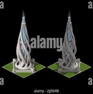3D futuristische Architekturdarstellung für ein gefliestes Spiel, das in dimetrischer Projektion im 2:1-Pixel-Verhältnis dargestellt wird, mit einer orthographischen 30-Grad-Kamera von 2 ang Stockfoto