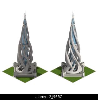 Futuristische Architektur für ein quadratisches gefliestes Spiel, das in dimetrischer Projektion mit einem Verhältnis von 2:1 Pixeln dargestellt wird, mit einer orthographischen Eckkamera von 30 Grad aus dem 2-Winkel Stockfoto