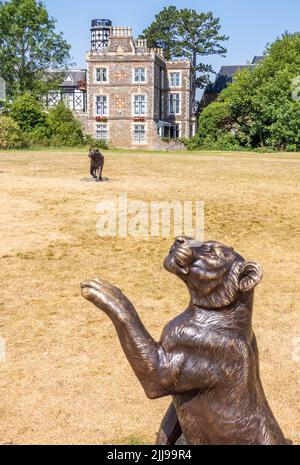 Stolz auf Bronzelöwen auf Clifton Down in Bristol, Großbritannien - die Freilichtausstellung Born Free Forever, die die Not der Löwen in freier Wildbahn beleuchtet Stockfoto