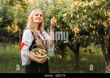 Junge blonde Frau in Serbisch traditionellen Holing einen Korb mit frischen Birnen Stockfoto