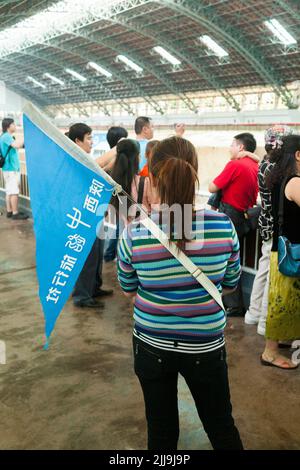 Reiseleiter mit knallfarbener Flagge führt eine Gruppe chinesischer Touristen an, die die Grube 1 der Terrakotta-Armee im Mausoleum-Museum von Kaiser Qinshihuang in Xi'an, China, besuchen/besichtigen. VRC. (125) Stockfoto