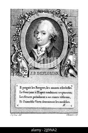 1780 Ca, FRANKREICH : der französische Schriftsteller, Dichter und Dramatiker JEAN-PIERRE CLARIS DE FLORIAN ( 1755 - 1794 ) . Sein berühmtester Vers ist Plaisir d'amour, ein Gedicht, das er in seine Geschichte Celestine einbrachte. Der Vers wurde zu einem Lied, mit Musik des gefeierten Johann Paul Aegidius Schwarzendorf ( aka Jean-Paul-Égide Martini aka Giovanni Paolo Egidio Martini ), die bis zum 21.. Jahrhundert überlebt hat. Engroved Portrait von Laplace & Clement , XIX Jahrhundert. - DEFLORIAN - TEATRO - THEATER - DRAMATURGO - FAVOLISTA - FAVOLE - FAVOLA - COMMEDIOGRAFO - SPIELSAAL - JEAN PIERRE - ROMANZIERE - SCRITTORE - LETTERATURA - LITERATU Stockfoto