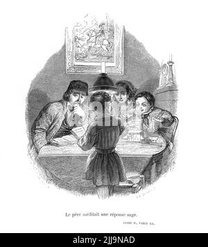 1845 , FRANKREICH : der französische Schriftsteller, Dichter und Dramatiker JEAN-PIERRE CLARIS DE FLORIAN ( 1755 - 1794 ) . Gefeierter Fabulist . Gravierte Illustration für eine Frontspice mit einem jungen Jungen lesen Sie die RÖMISCHE GESCHICHTE am Tisch mit Familie , Frontspice illustriert von Jean-Jacques Grandville, XIX Jahrhundert, pubblisgeh in FABLES DE FLORIAN , Garniers Frères , Paris , 1845 . - DEFLORIAN - TEATRO - THEATER - DRAMATURGO - FAVOLISTA - FAVOLE - FAVOLA - FABULISIT - COMMEDIOGRAFO - PLAYWRITER - JEAN PIERRE - ROMANZIERE - SCRITTORE - LETTERATURA PER L'INFANZIA - LITERATUR - LETTERATO - POESIA - POETA - POETA - POET Stockfoto