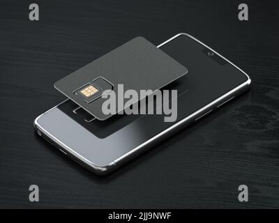 Leere schwarze SIM-Smartcard und Mobiltelefon oder Smartphone auf schwarzem Tisch. Modell. 3D Abbildung Stockfoto