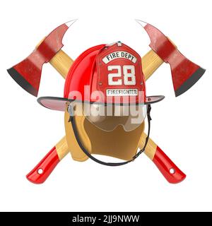 Feuerlöschemblem. Feuerwehrmann-Abzeichen auf einem Helm mit Feuerlöscher und Axt. 3D Abbildung Stockfoto