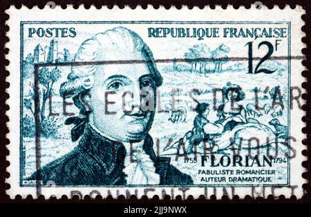 FRANKREICH - UM 1955: Eine in Frankreich gedruckte Briefmarke zeigt Jean Pierre Claris de Florian, war ein französischer Dichter, Schriftsteller und Fabulist, um 1955 Stockfoto