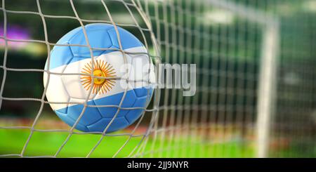 Fußball mit Flagge von Argentinien im Tornetz des Fußballstadions. Fußball-Meisterschaft von Argentinien Konzept. 3D Abbildung Stockfoto