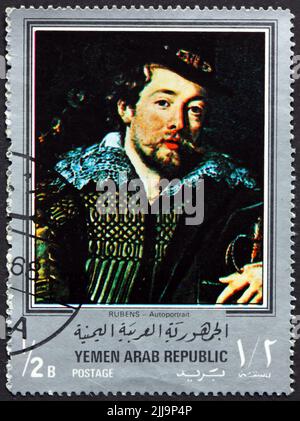 JEMEN - UM 1968: Eine in der Arabischen Republik Jemen gedruckte Marke zeigt Rubens autoportrait, Gemälde von Rubens, flämischer Maler, um 1968 Stockfoto